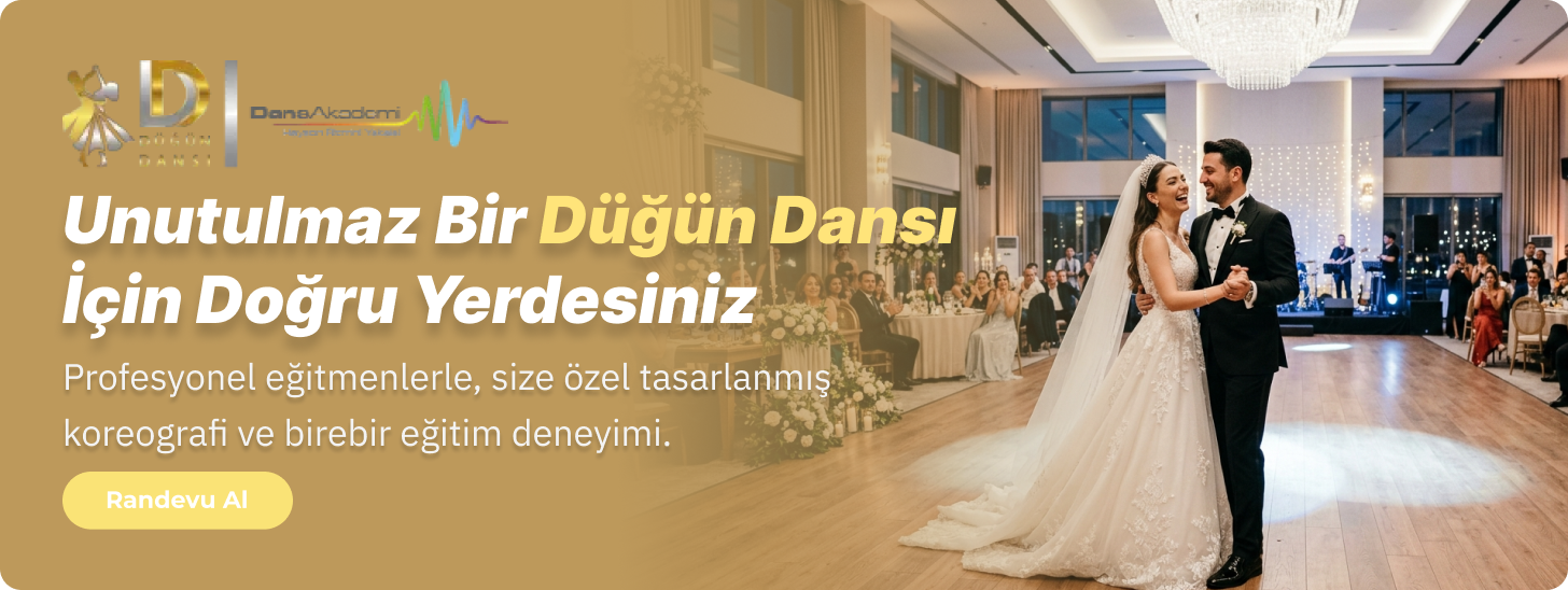 Dans Akademi düğün dansı kursu: Görkemli bir balo salonunda, profesyonel eğitmenlerle hazırlanan kişiye özel koreografi eşliğinde ilk dansını gerçekleştiren mutlu ve zarif çift.