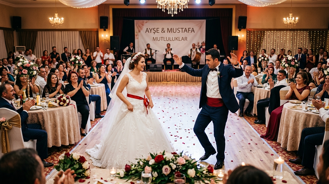 Türk insanlar düğünde gelin ve damat zeybek oynuyor düğün salonunda 
